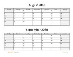 August and September 2060 Calendar