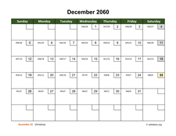 December 2060 Calendar with Day Numbers