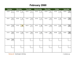 February 2060 Calendar with Day Numbers