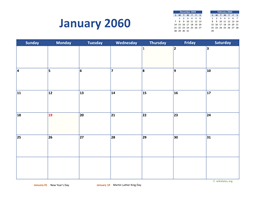 January 2060 Calendar Classic