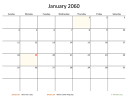 January 2060 Calendar with Bigger boxes