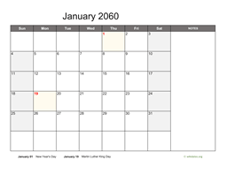 January 2060 Calendar with Notes
