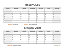 January and February 2060 Calendar