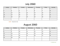 July and August 2060 Calendar