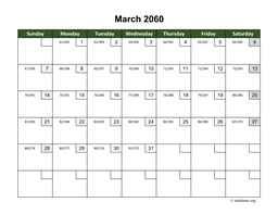 March 2060 Calendar with Day Numbers