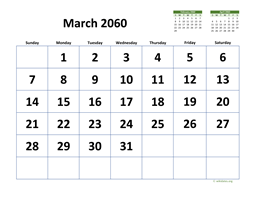 March 2060 Calendar with Extra-large Dates