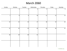 March 2060 Calendar with Bigger boxes