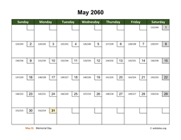 May 2060 Calendar with Day Numbers
