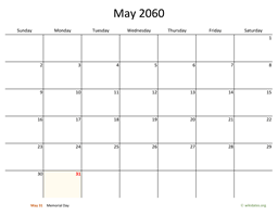 May 2060 Calendar with Bigger boxes