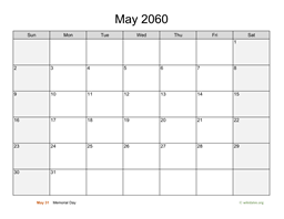 May 2060 Calendar with Weekend Shaded