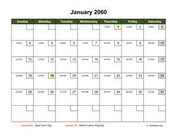 Monthly 2060 Calendar with Day Numbers