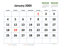 Monthly 2060 Calendar with Extra-large Dates
