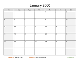 Monthly 2060 Calendar with Weekend Shaded