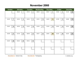 November 2060 Calendar with Day Numbers