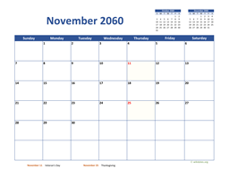 November 2060 Calendar Classic