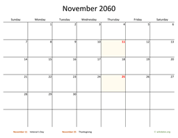 November 2060 Calendar with Bigger boxes