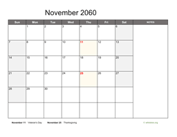 November 2060 Calendar with Notes