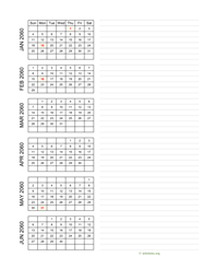 six months 2060 calendar vertical with notes