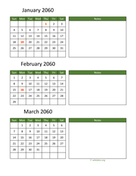 three months 2060 calendar vertical with notes