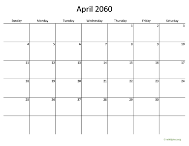 April 2060 Calendar with Bigger boxes