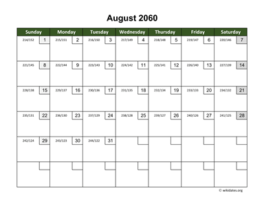 August 2060 Calendar with Day Numbers