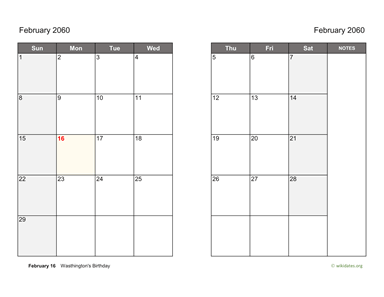 February 2060 Calendar on two pages
