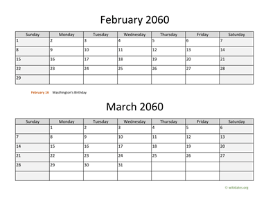 February and March 2060 Calendar Horizontal