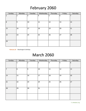February and March 2060 Calendar Vertical