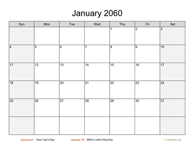 January 2060 Calendar with Weekend Shaded