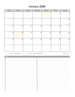 January 2060 Calendar with To-Do List