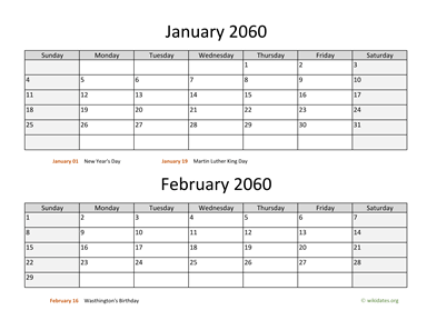 January and February 2060 Calendar Horizontal