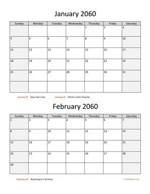 January and February 2060 Calendar Vertical