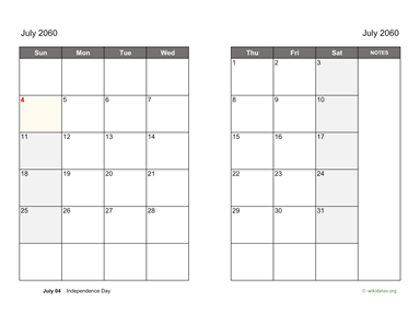 July 2060 Calendar on two pages