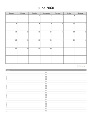 June 2060 Calendar with To-Do List