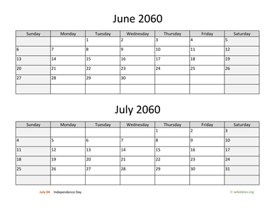 June and July 2060 Calendar Horizontal