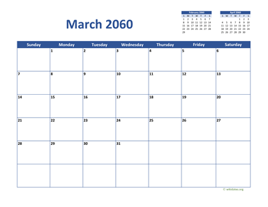 March 2060 Calendar Classic