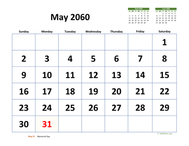 May 2060 Calendar with Extra-large Dates