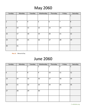 May and June 2060 Calendar Vertical