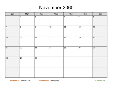 November 2060 Calendar with Weekend Shaded