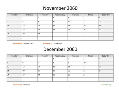 November and December 2060 Calendar Horizontal