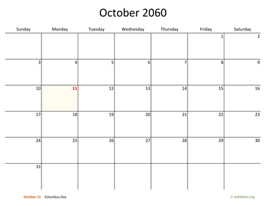 October 2060 Calendar with Bigger boxes