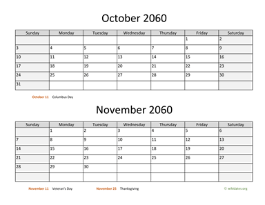 October and November 2060 Calendar Horizontal