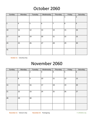 October and November 2060 Calendar Vertical