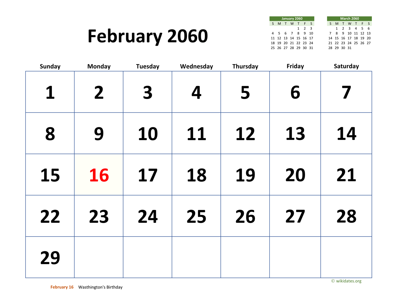 February 2060 Calendar with Extra large Dates WikiDates org