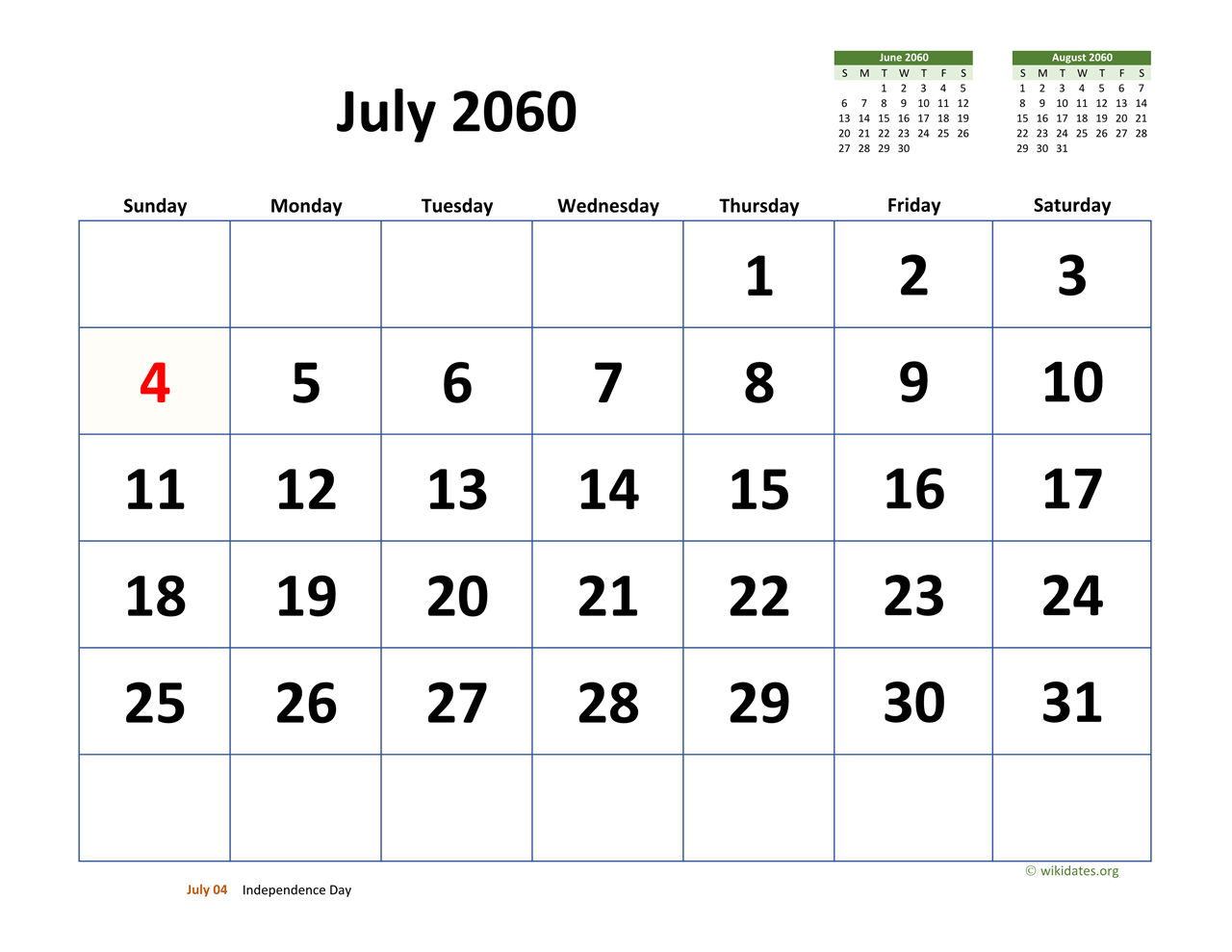 July 2060 Calendar with Extralarge Dates