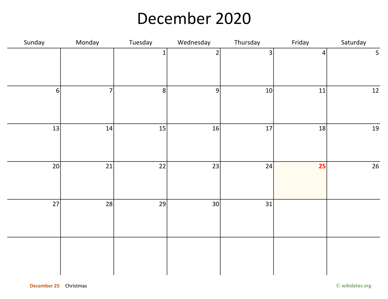 December 2020 Calendar with Bigger boxes | WikiDates.org