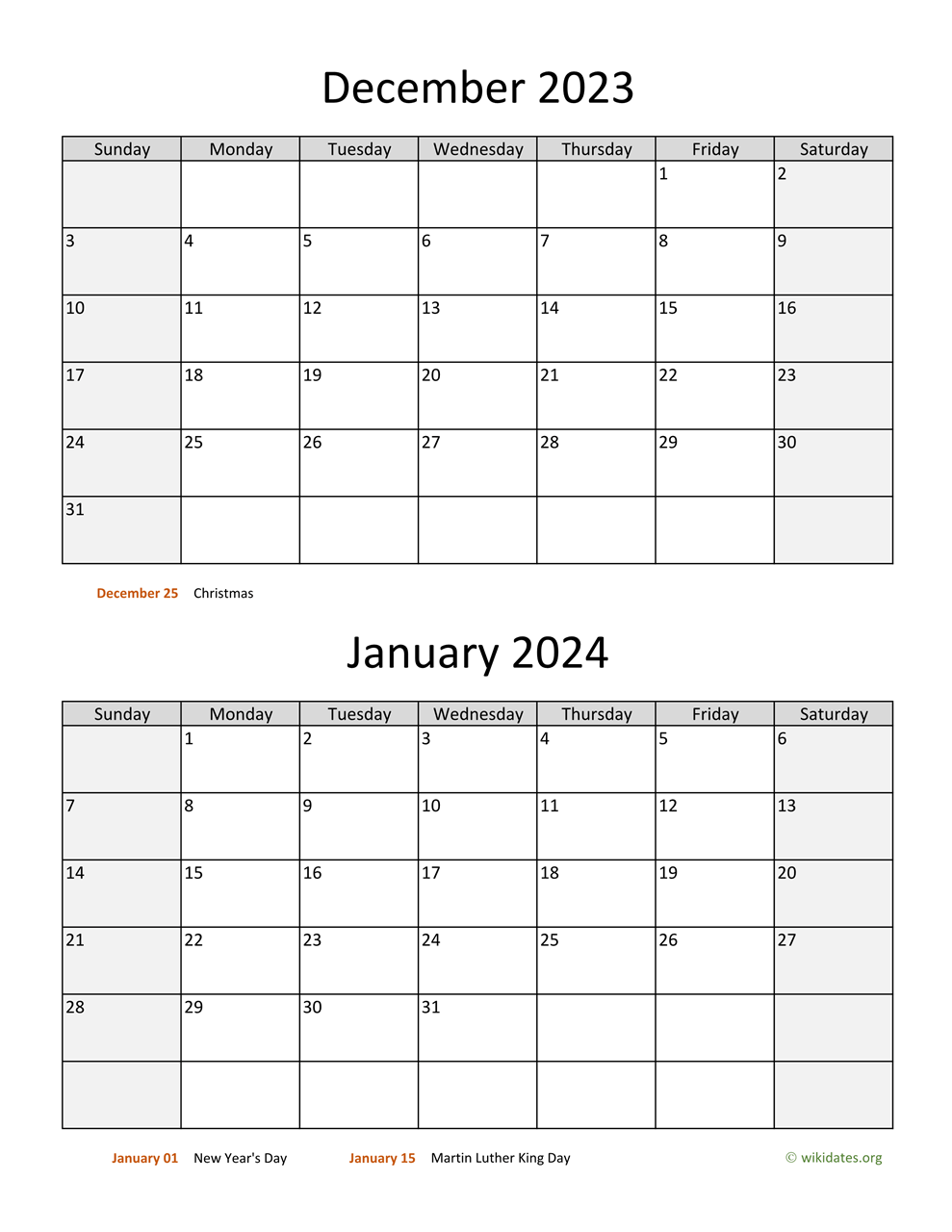 December 2023 and January 2024 Calendar WikiDates org