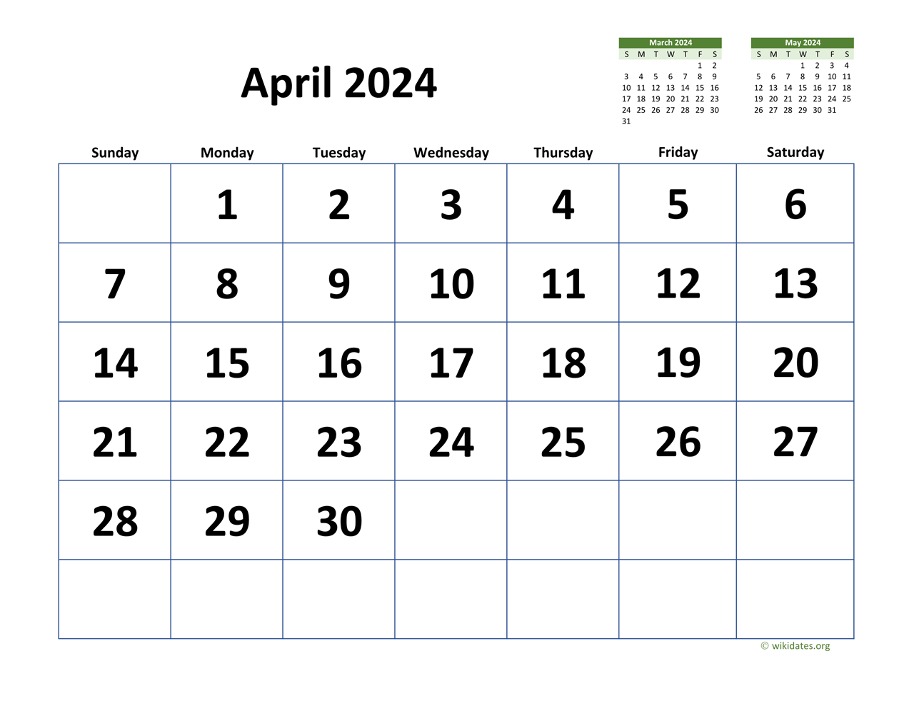 April 2024 Calendar with Extra-large Dates | WikiDates.org