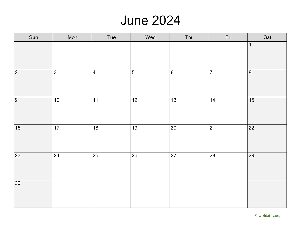 June 2024 Calendar with Weekend Shaded