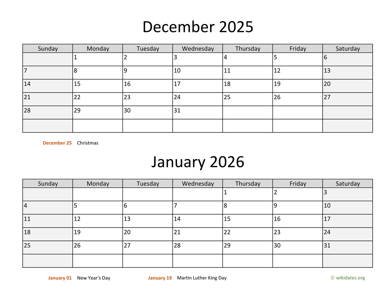 December 2025 and January 2026 Calendar
